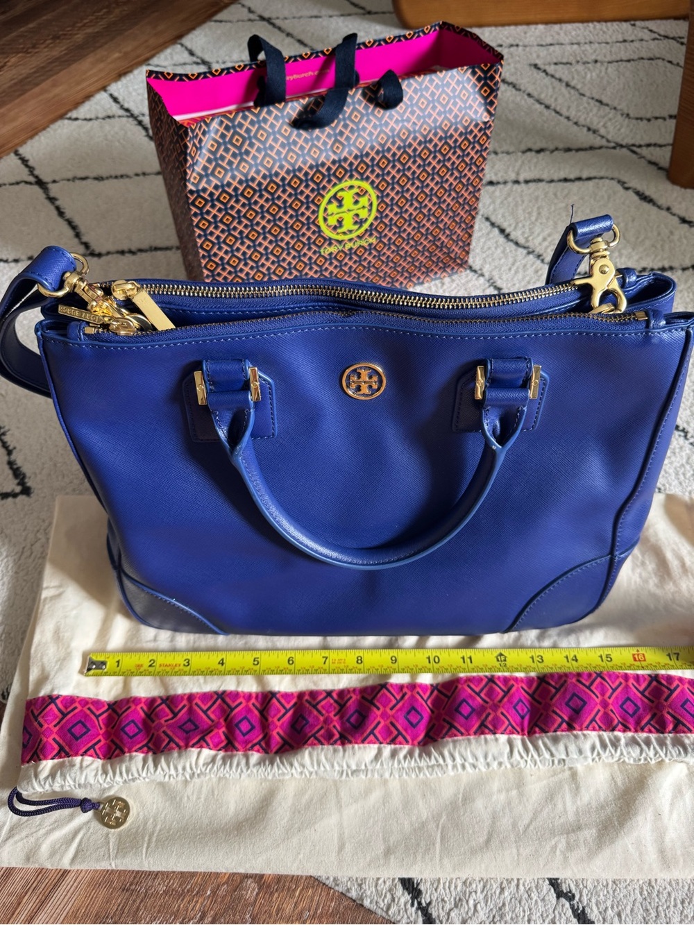 Tory Burch Authentic Blue Leather Robinson Luggage Double Zip Tote Cobalt Blue